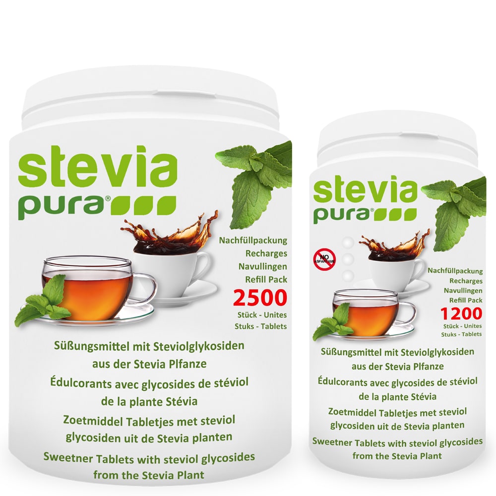 Neben den Dosierspendern, bieten wir die Stevia Tabletten auch als Nachfüllpackung in verschiedenen Größen an. Dies schont die Umwelt, da unsere Dosierspender sehr leicht nachfüllbar sind.